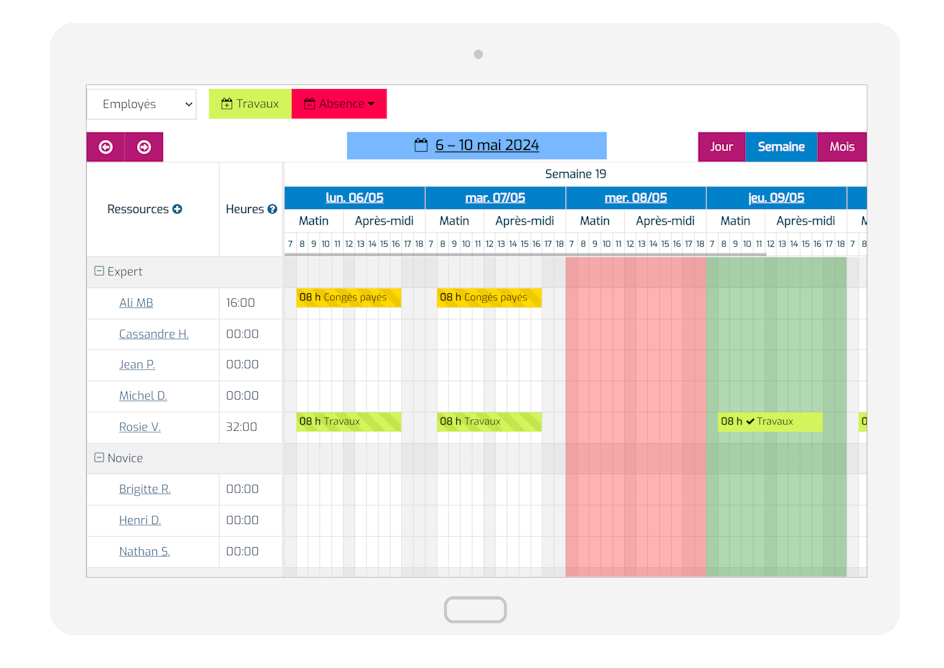 Planning sur tablette en mode paysage